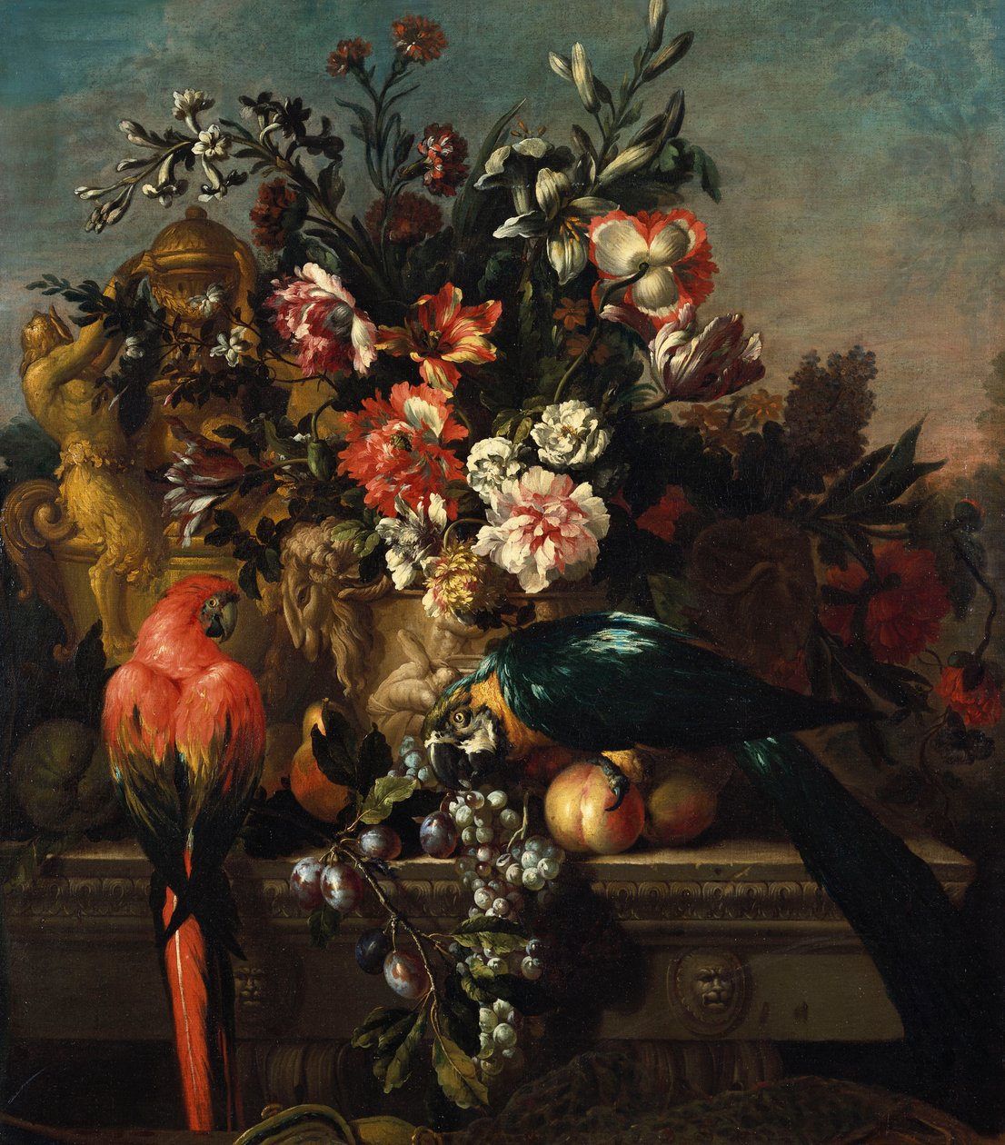 Garofani e altri fiori con pappagalli su un piedistallo da Pieter Casteels