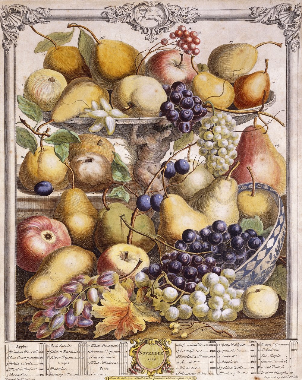 Novembre 1732, con mele stagionali, pere, uva ecc., 1732 da Pieter Casteels