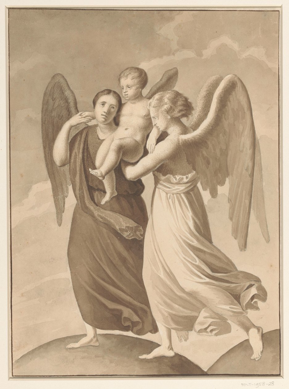 Due angeli portano un bambino attraverso la separazione di due mondi rappresentati come sfere da Pieter Christoffel Wonder