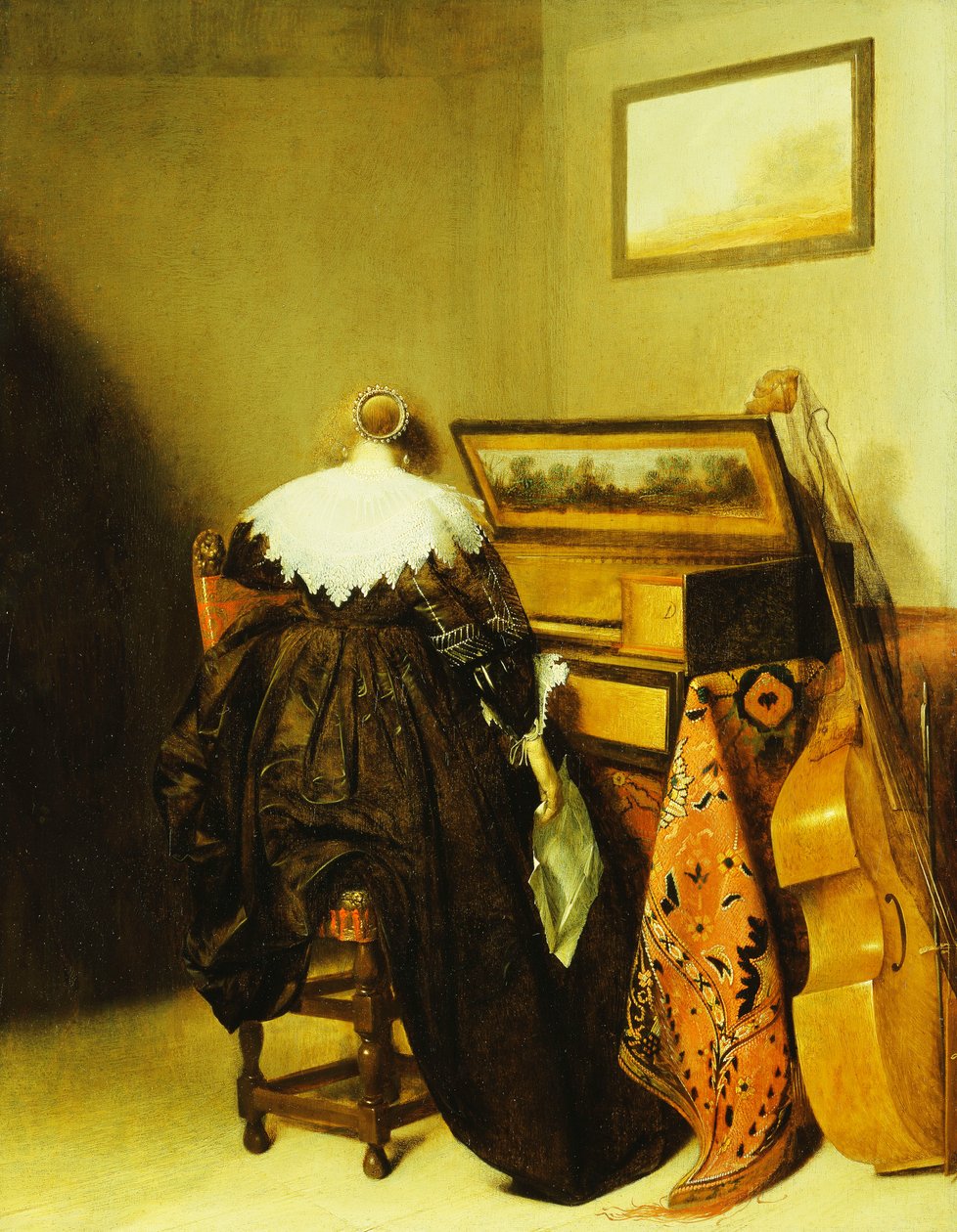 Una signora seduta vista da dietro davanti a un virginale da Pieter Codde