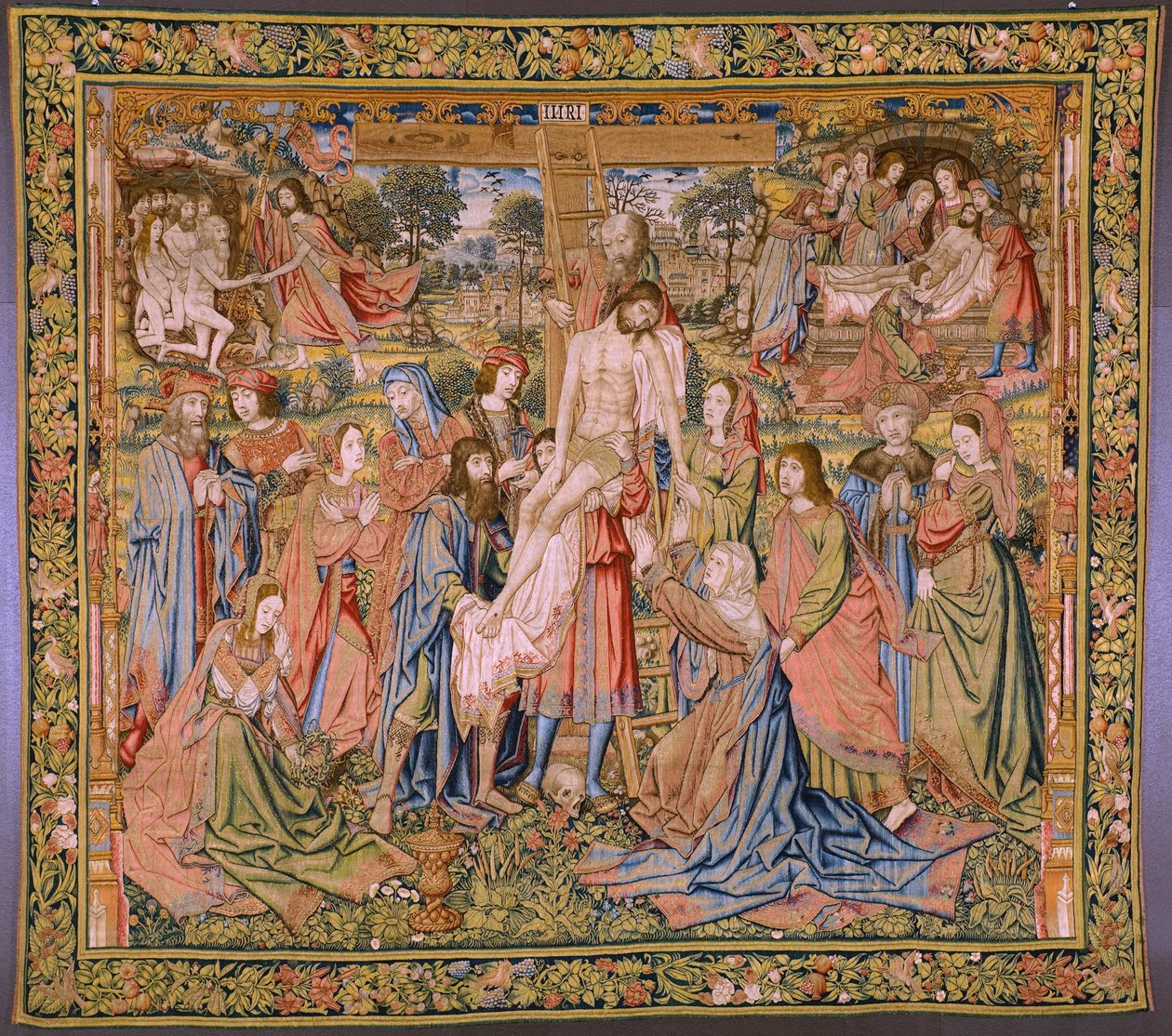 Arazzo fiammingo. Serie La passione di Cristo: La deposizione dalla croce. Manifattura Pieter van Aelst. Cartonista Jan van Roome. Ca 1507-1520 da Pieter Coecke van Aelst