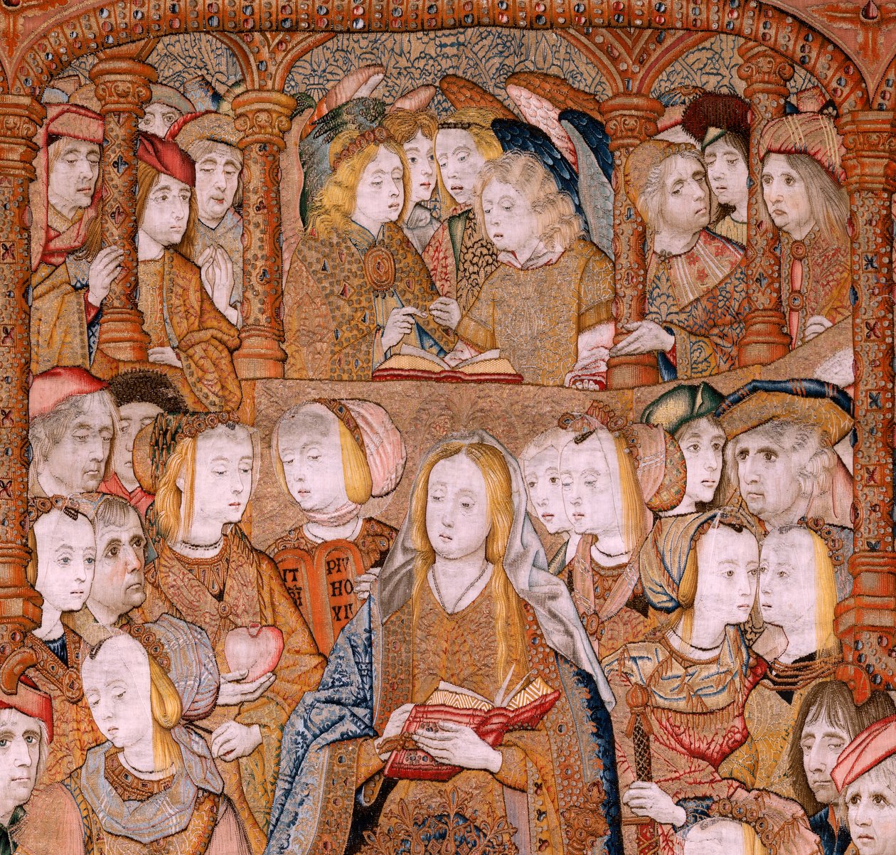 Arazzo fiammingo. Serie Trionfi della Madre o Paños de Oro. Annunciazione. Secondo arazzo della serie. Modello Colin de Cooter (?). Manifattura Pieter van Aelst (o van Edingen), Bruxelles. Ca 1500-1502. da Pieter Coecke van Aelst