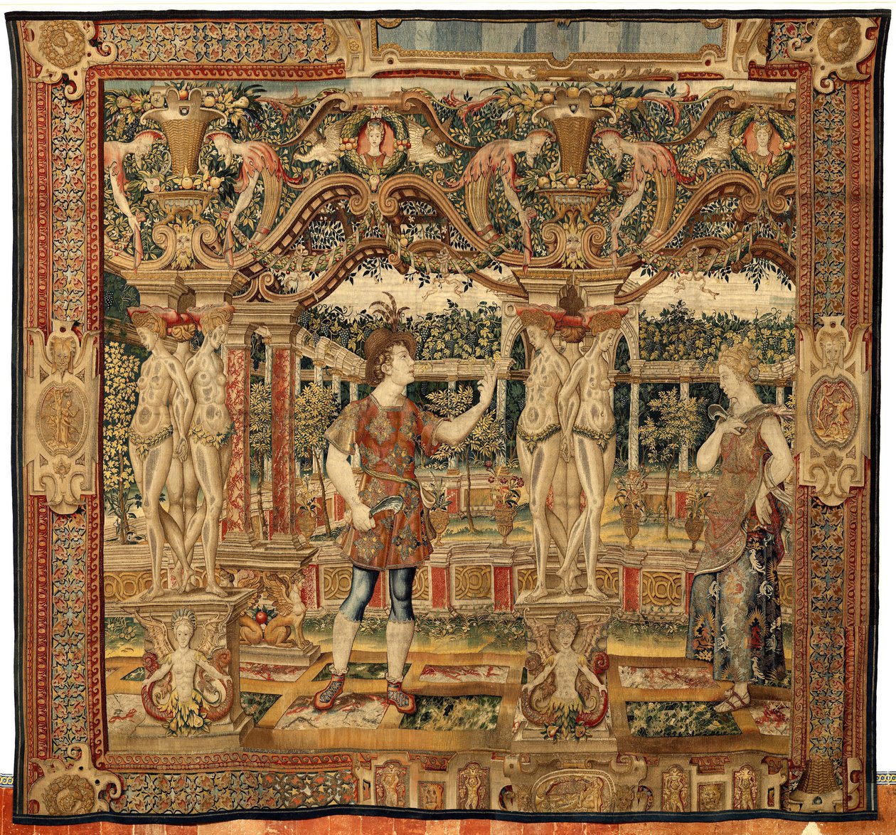 Vertumno e Pomona: Vertumno trasformato in potatore, c.1550 (oro, lana e seta) da Pieter Coecke van Aelst
