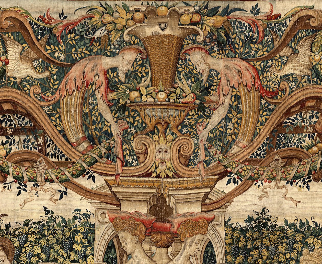 Vertumno e Pomona: Vertumno trasformato in potatore, c.1550 (oro, lana e seta) da Pieter Coecke van Aelst