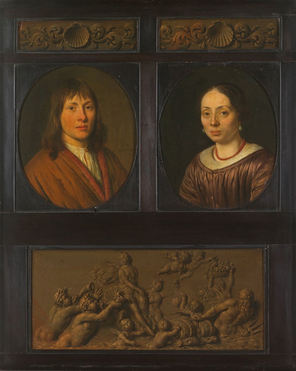 Ritratti di un uomo e una donna incorniciati con due miniature di fregio ornamentale con motivo a conchiglia e un Trionfo di Anfitrite da Pieter Cornelisz. van Slingelandt