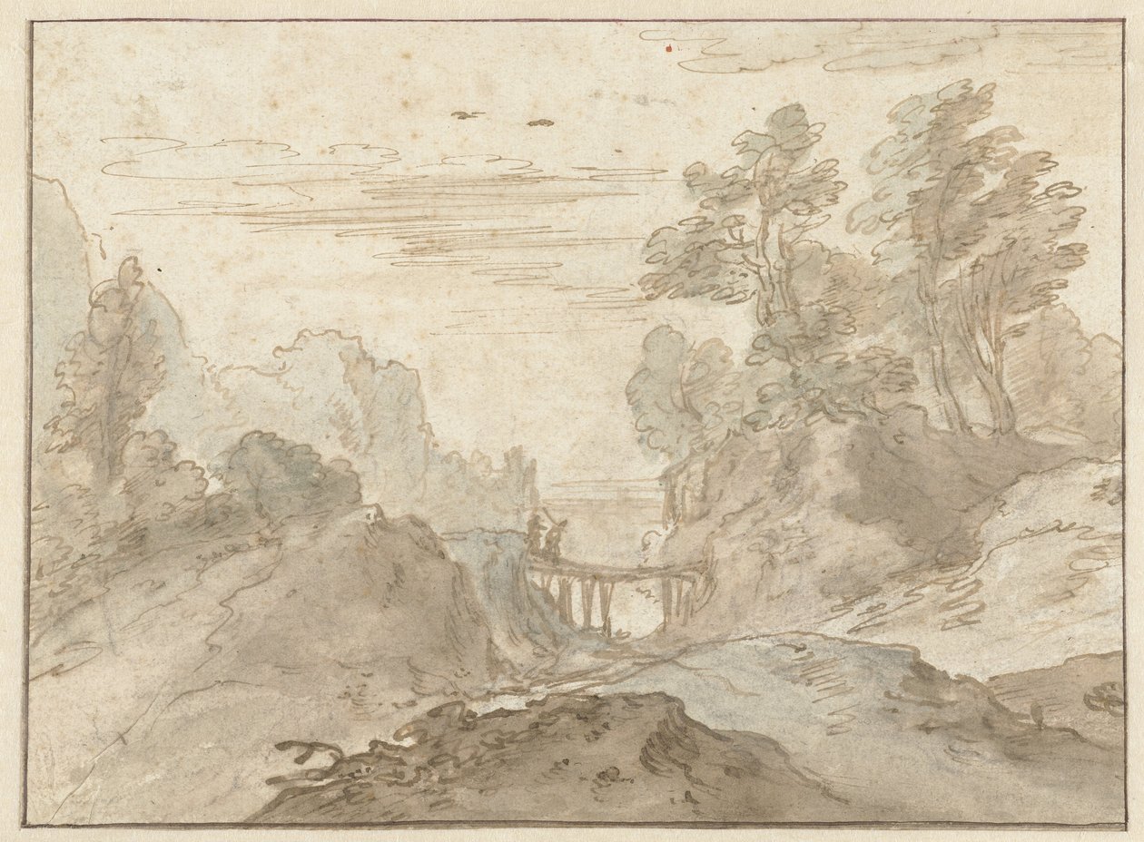 Paesaggio montano con due figure su un ponte stretto da Pieter Dircksz van Santvoort (possibly)