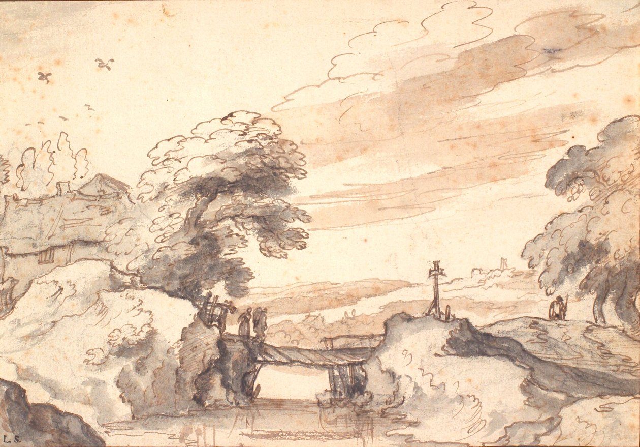 Paesaggio con un vecchio ponte su un ruscello da Pieter Dircksz van Santvoort