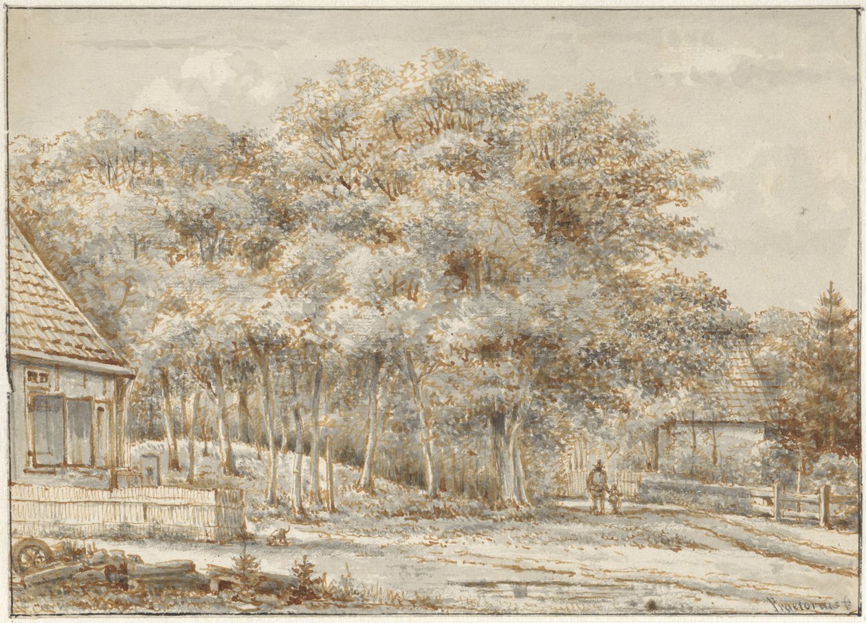 Strada forestale con due case da Pieter Ernst Hendrik Praetorius