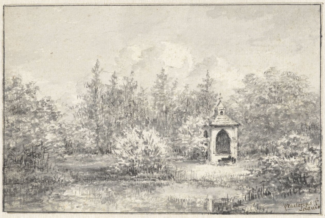 Veduta nel parco di Leiduin, con una casetta tra gli alberi da Pieter Ernst Hendrik Praetorius