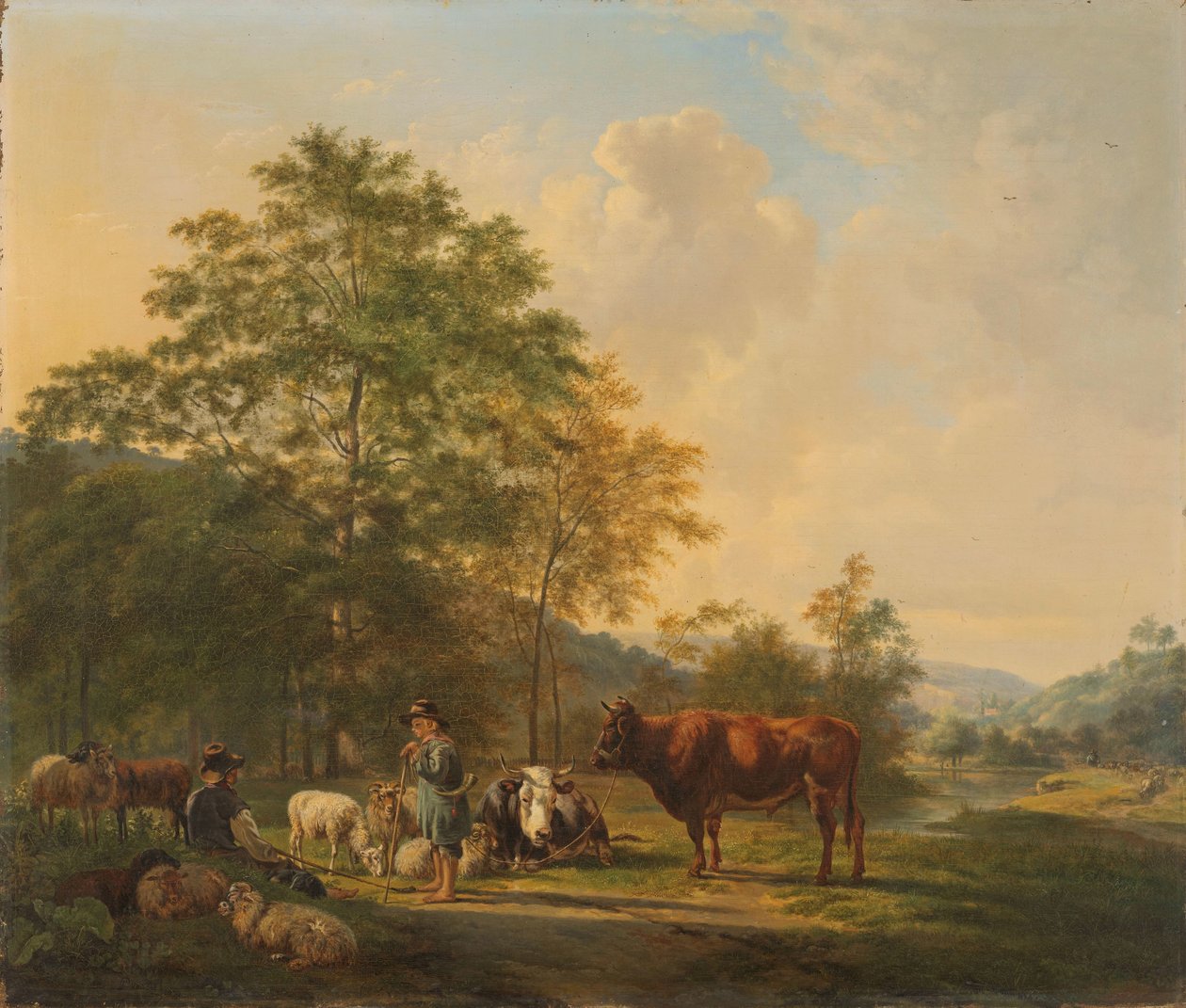Paesaggio collinare con pastore, mandriano e bestiame da Pieter Gerardus van Os