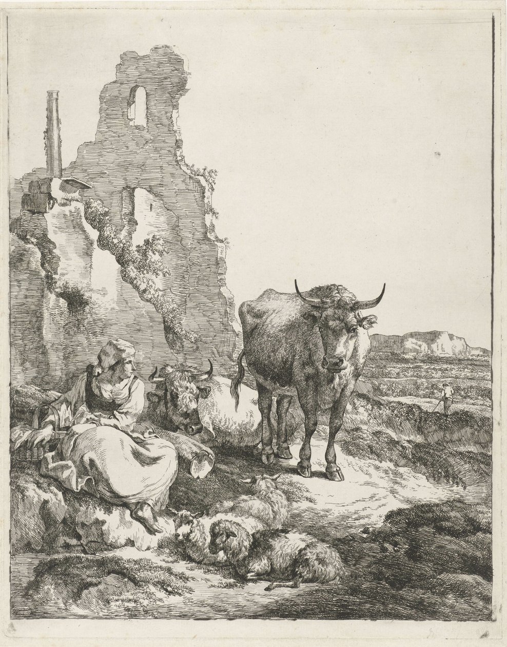 Paesaggio con mucca in piedi e sdraiata e pastorella davanti a una rovina da Pieter Gerardus van Os