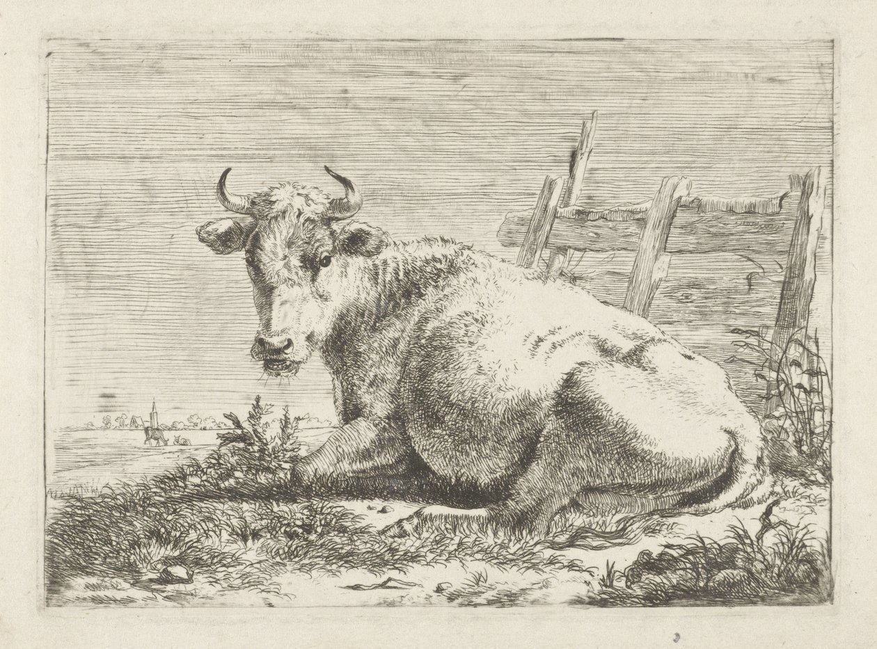 Mucca sdraiata vicino a una recinzione da Pieter Gerardus van Os