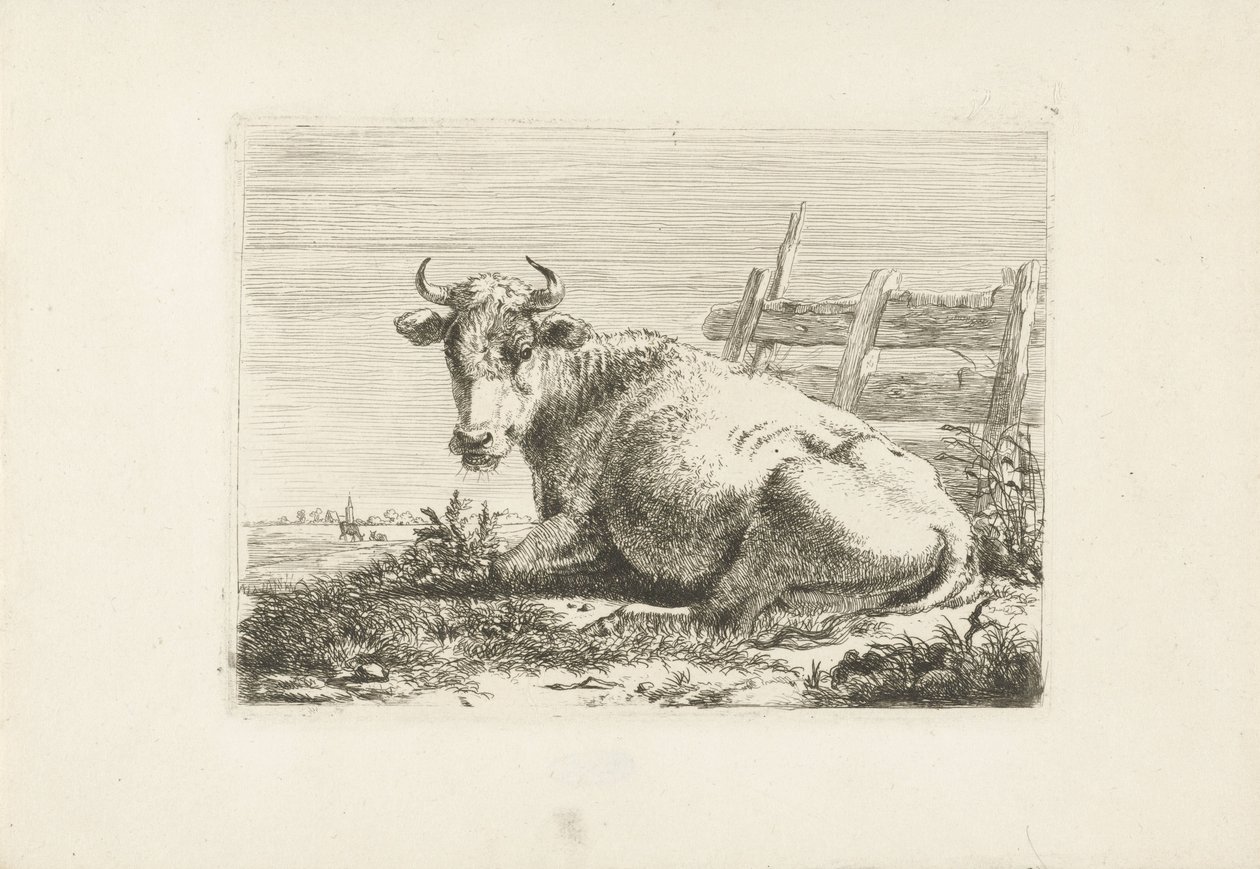 Mucca sdraiata vicino a una recinzione da Pieter Gerardus van Os