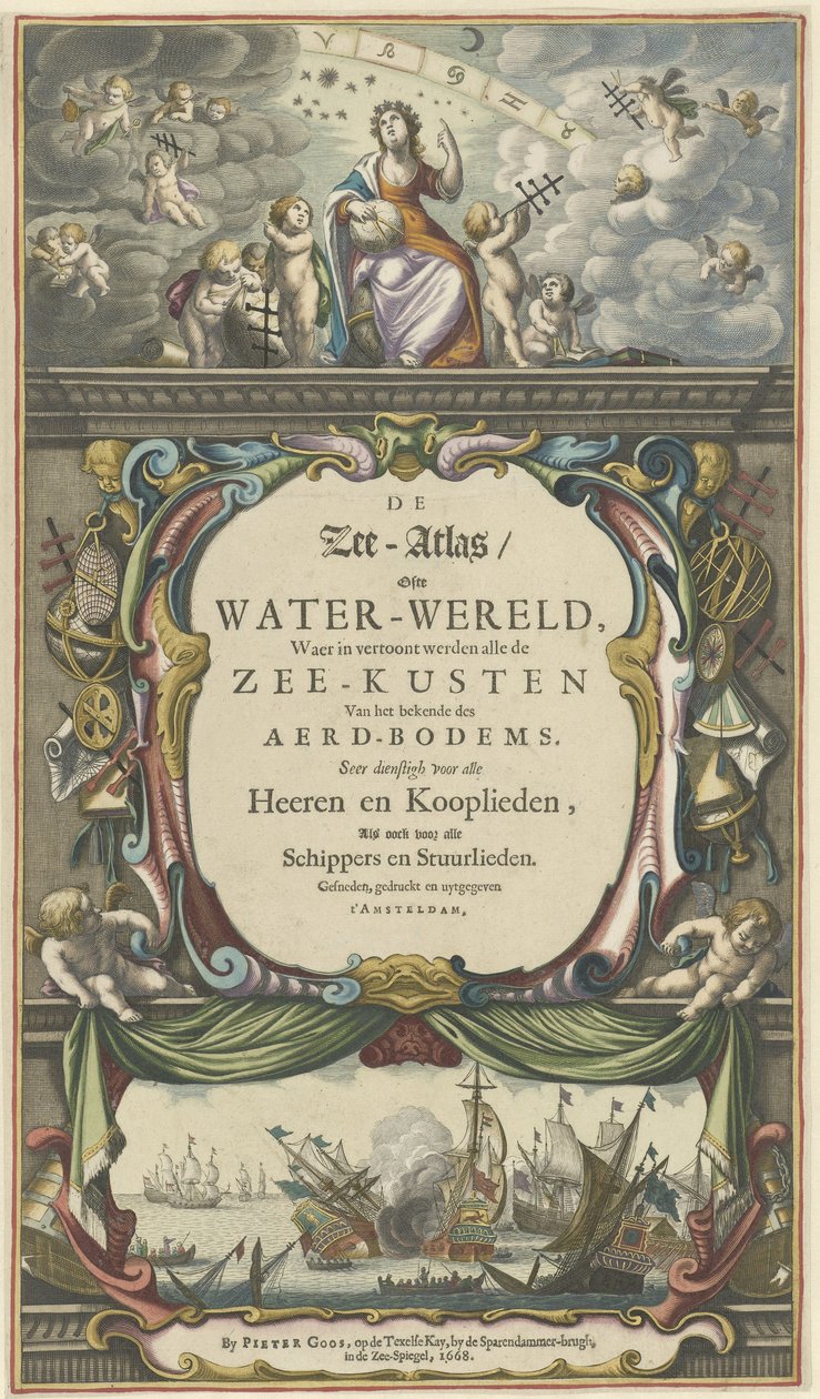 Pagina del titolo per Pieter Goos, De Zee-Atlas ofte Water-Wereld, 1668 da Pieter Goos
