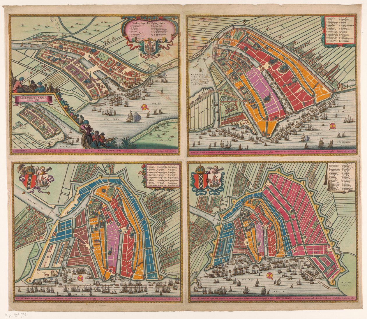 Quattro mappe di Amsterdam dal 1400 al 1612 (Amsteldam soo het selve is omhaynt geweest...) (Amsterdam ten tweede mael vergroot is eerst met steene Mueren omvangen inden jaere 1482...) da Pieter Hendricksz. Schut (possibly)