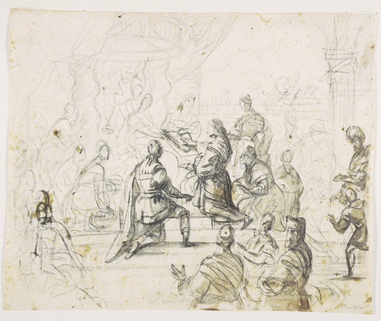 Figure inginocchiate davanti al re sul trono da Pieter Isaacsz