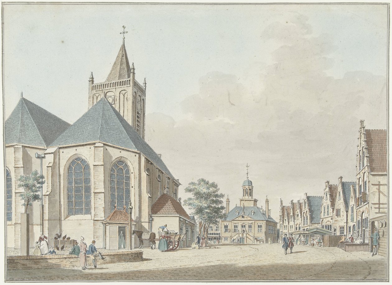 Il mercato di Vlaardingen con la chiesa e il municipio da Pieter Jan van Liender