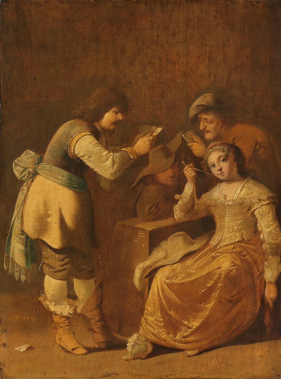 Giocatori di carte con donna che fuma una pipa da Pieter Jansz Quast
