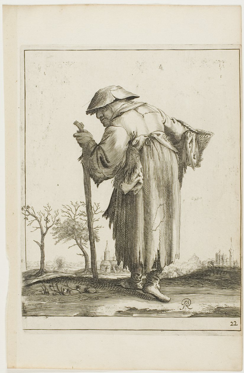 Donna mendicante in marcia con cesto, da T is al verwart-gaern (è già confuso) da Pieter Jansz. Quast