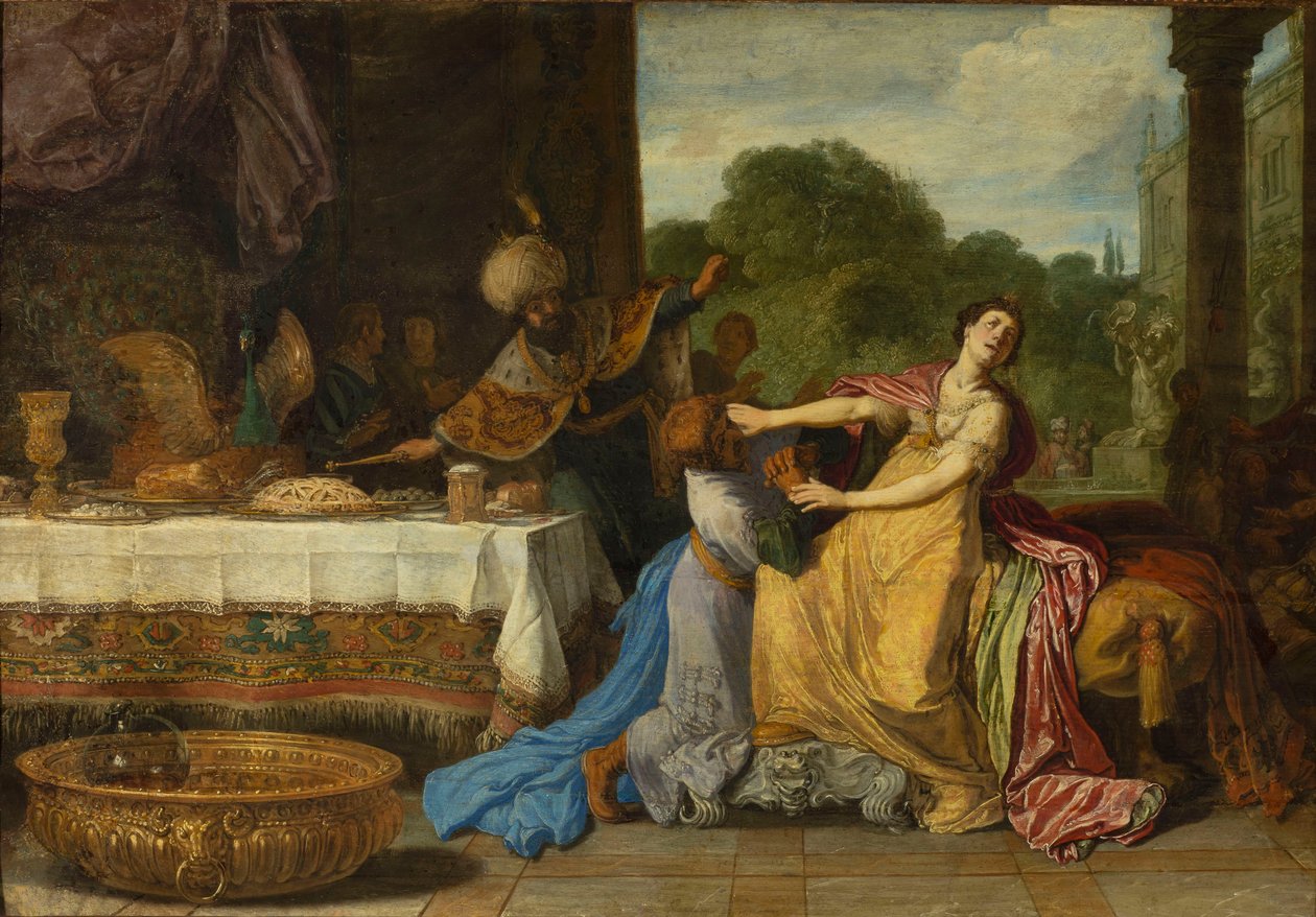 Haman che implora la clemenza di Ester da Pieter Lastman