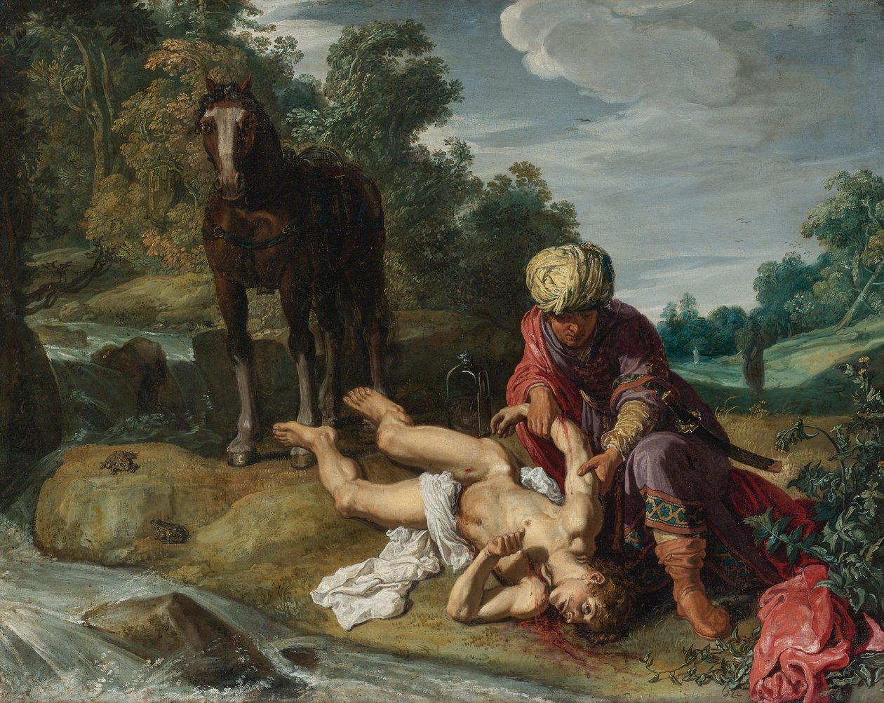 Il Buon Samaritano che cura le ferite del viandante (Luca 10:25-37) da Pieter Lastman