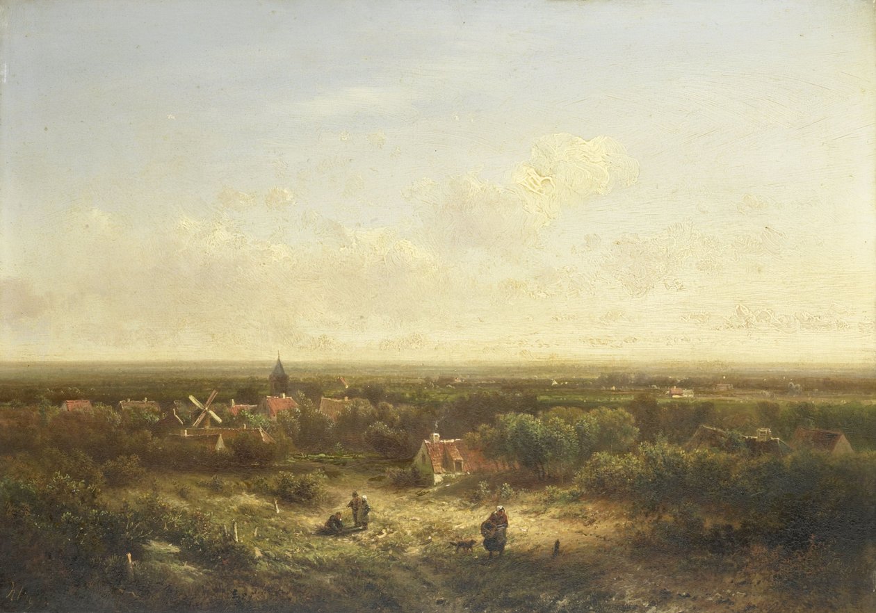 Vista lontana con un villaggio da Pieter Lodewijk Francisco Kluyver