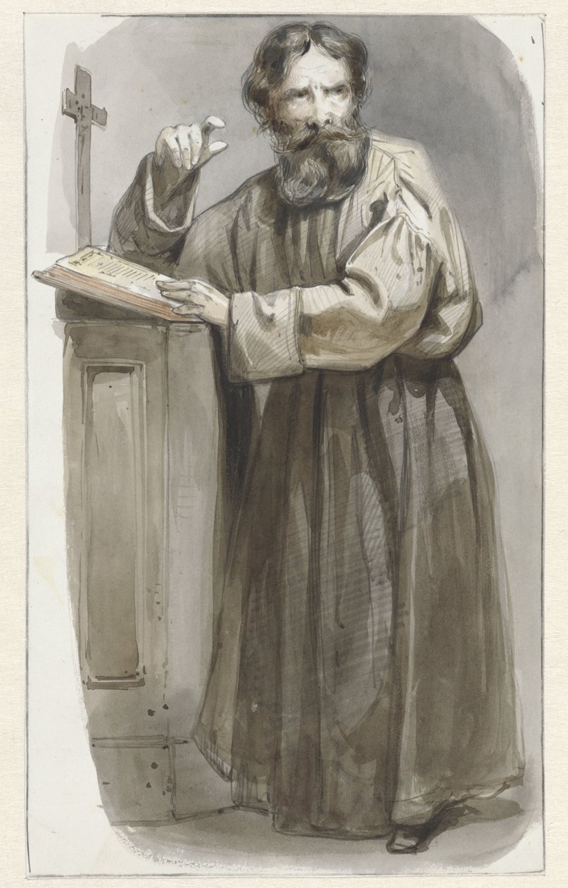 Ecclesiastico in piedi presso un pulpito con crocifisso e bibbia da Pieter Marinus van de Laar (attributed to)