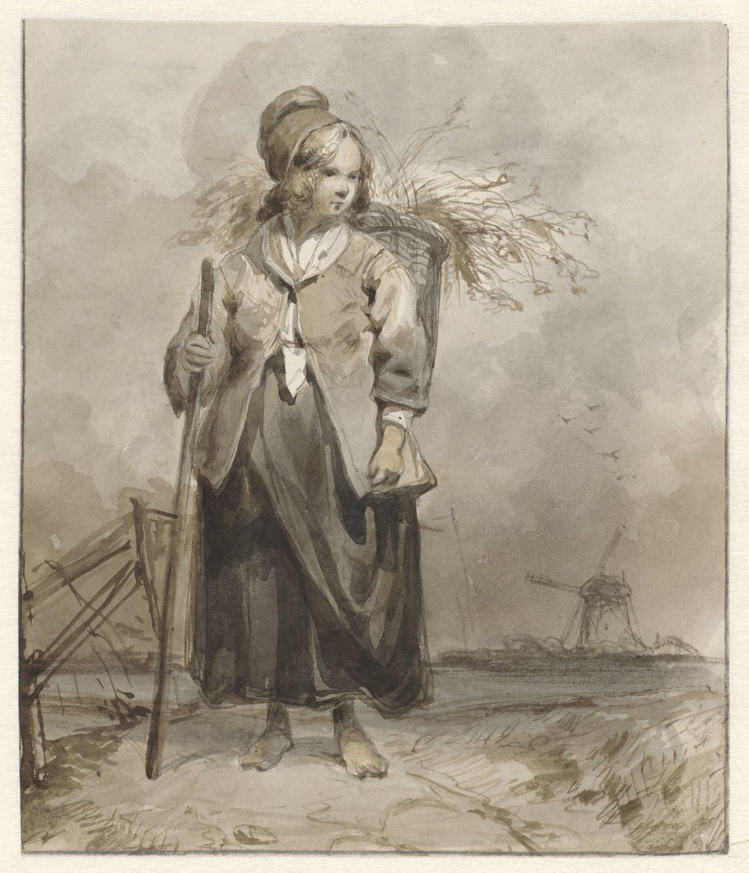 Donna in piedi con bastone e cesta sulla schiena da Pieter Marinus van de Laar (attributed to)