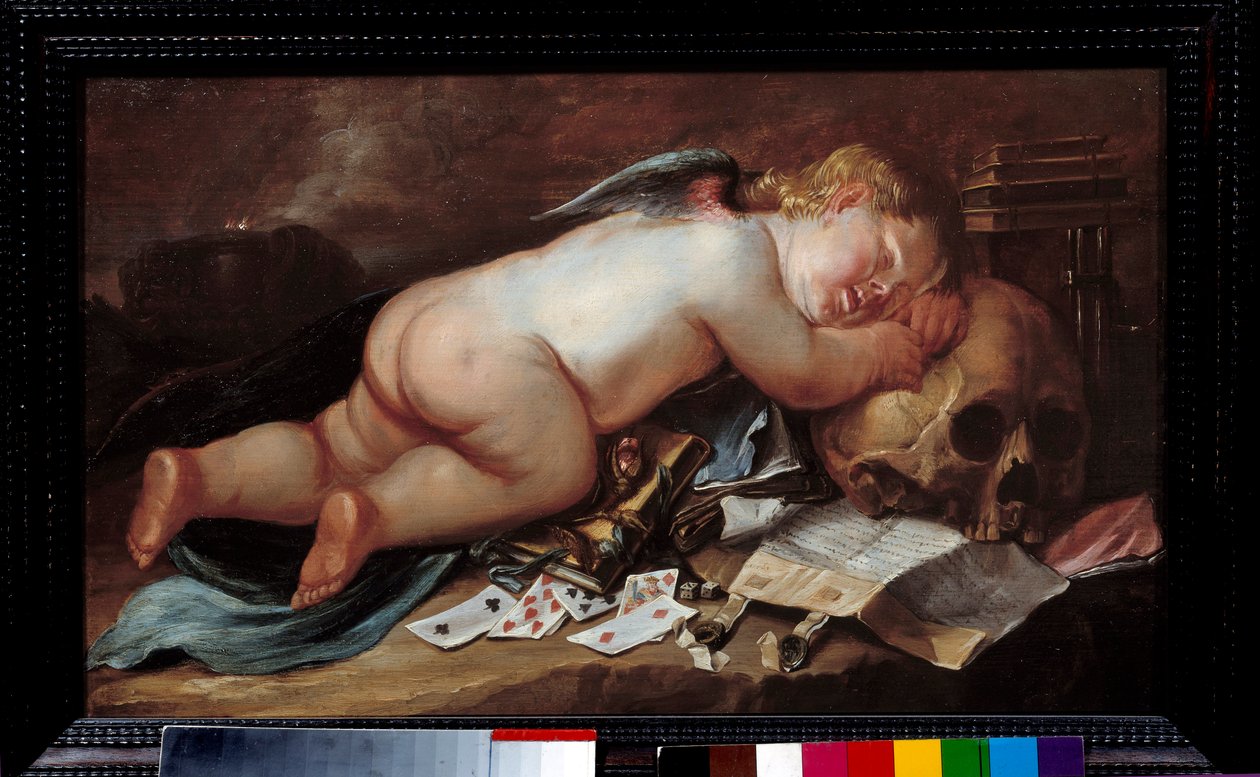 Amore dormiente su un teschio. Dipinto (Vanitas) di Pieter Moninckx (1606 - 1686) Ec. Flam. da Pieter Moninckx