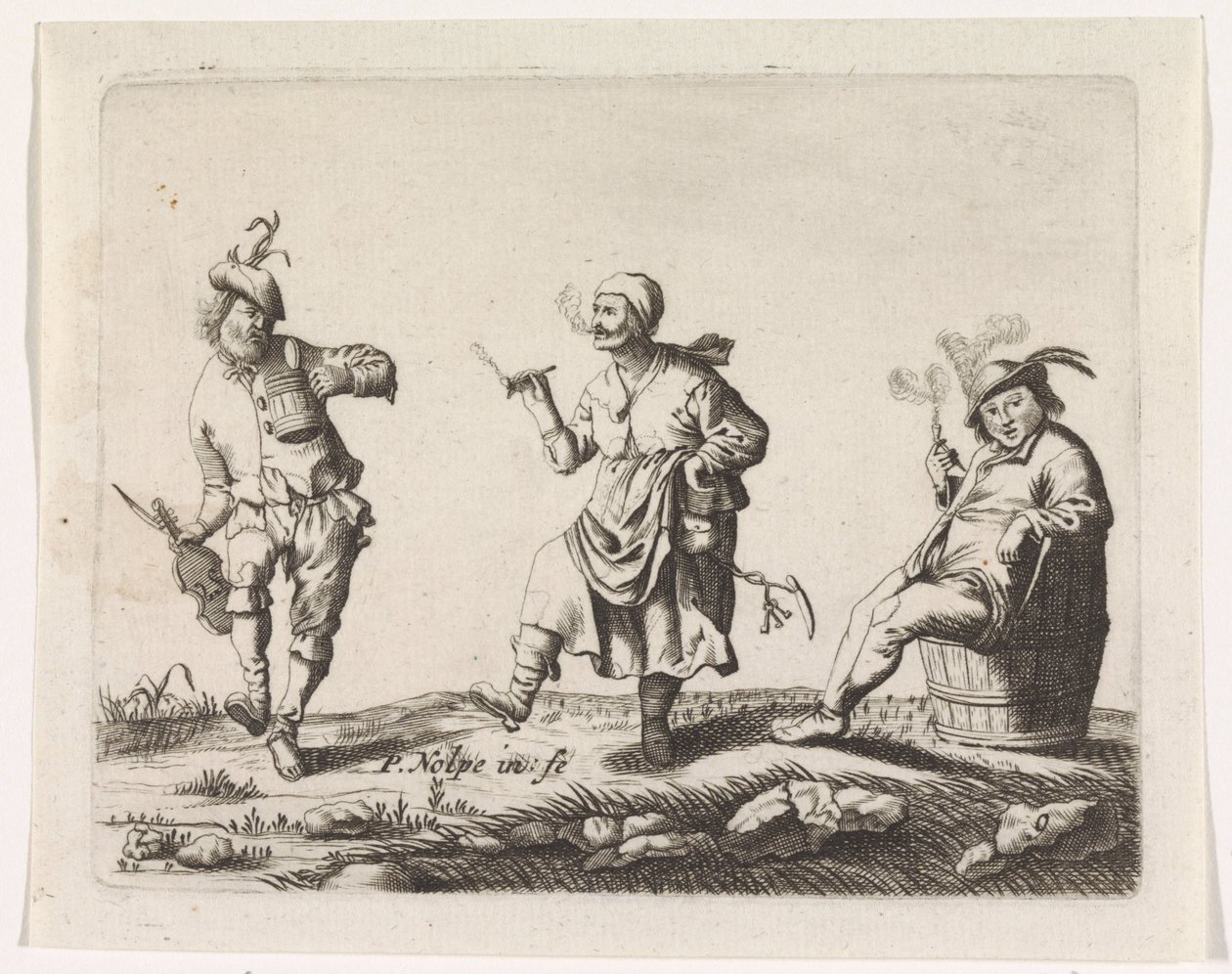 Contadino e contadina danzanti e un uomo su una botte da Pieter Nolpe