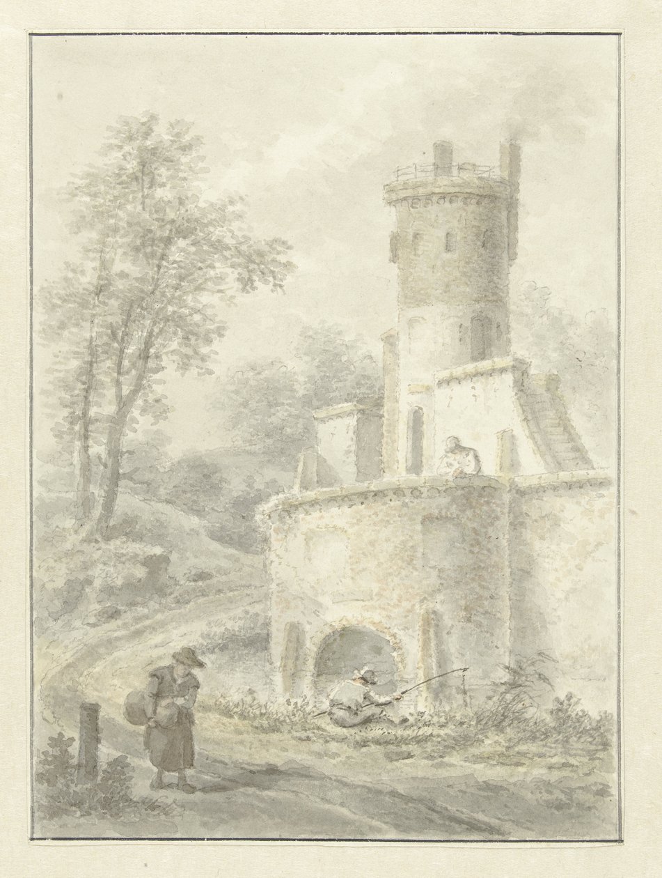 Paesaggio con pescatore e donna che cammina vicino a una torre di fortificazione da Pieter Pietersz. Barbiers