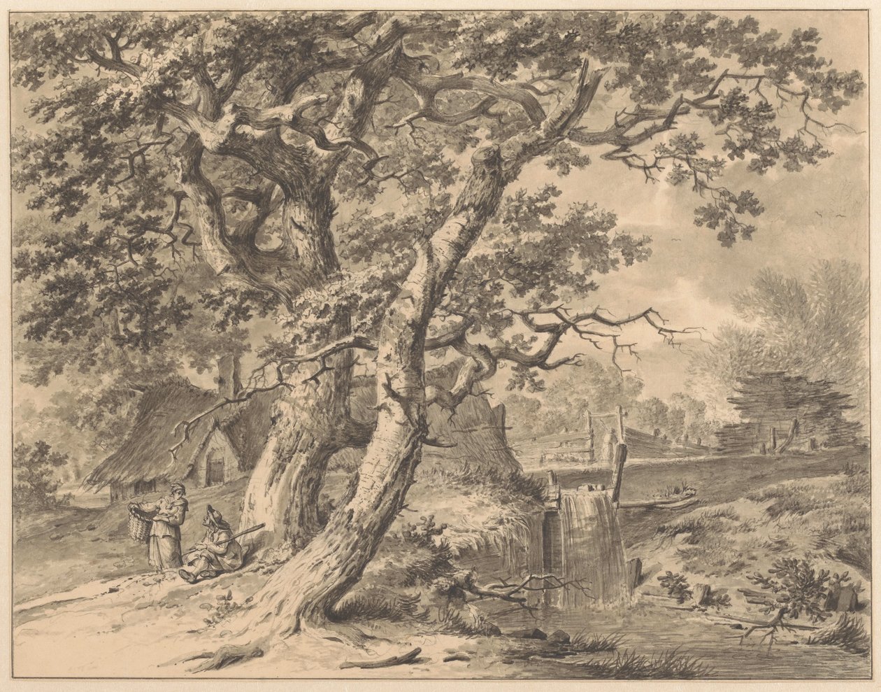 Paesaggio con piccola cascata sotto due grandi alberi da Pieter Pietersz. Barbiers