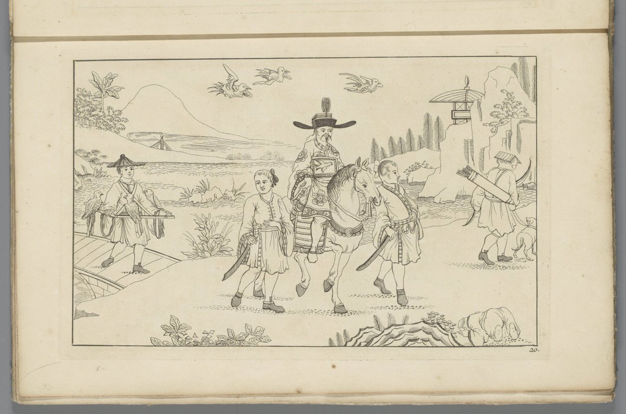 Signore cinese a cavallo a caccia di uccelli
Nuovi disegni cinesi inventati con grande fatica e portati alla luce, da P. Schenk Jun (...), secondo volume (titolo della serie) da Pieter Schenk (II)