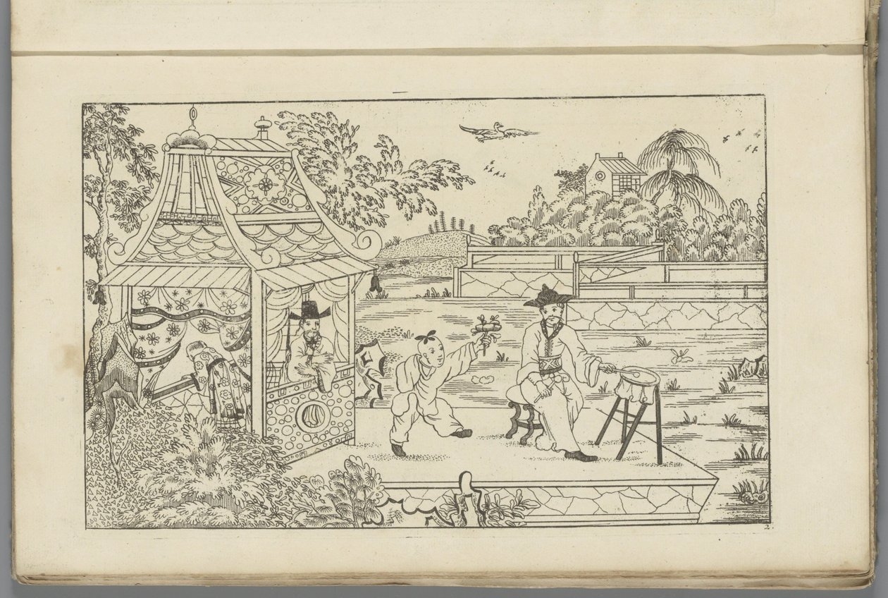 Tamburino cinese su un plateau in un paesaggio da Pieter Schenk (II)