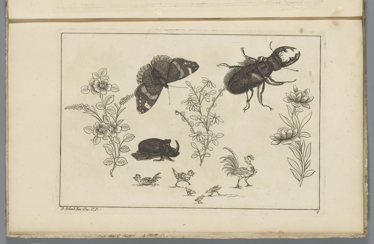 Tre rami di fiori con scarabeo rinoceronte, farfalla e coleottero da Pieter Schenk (II)