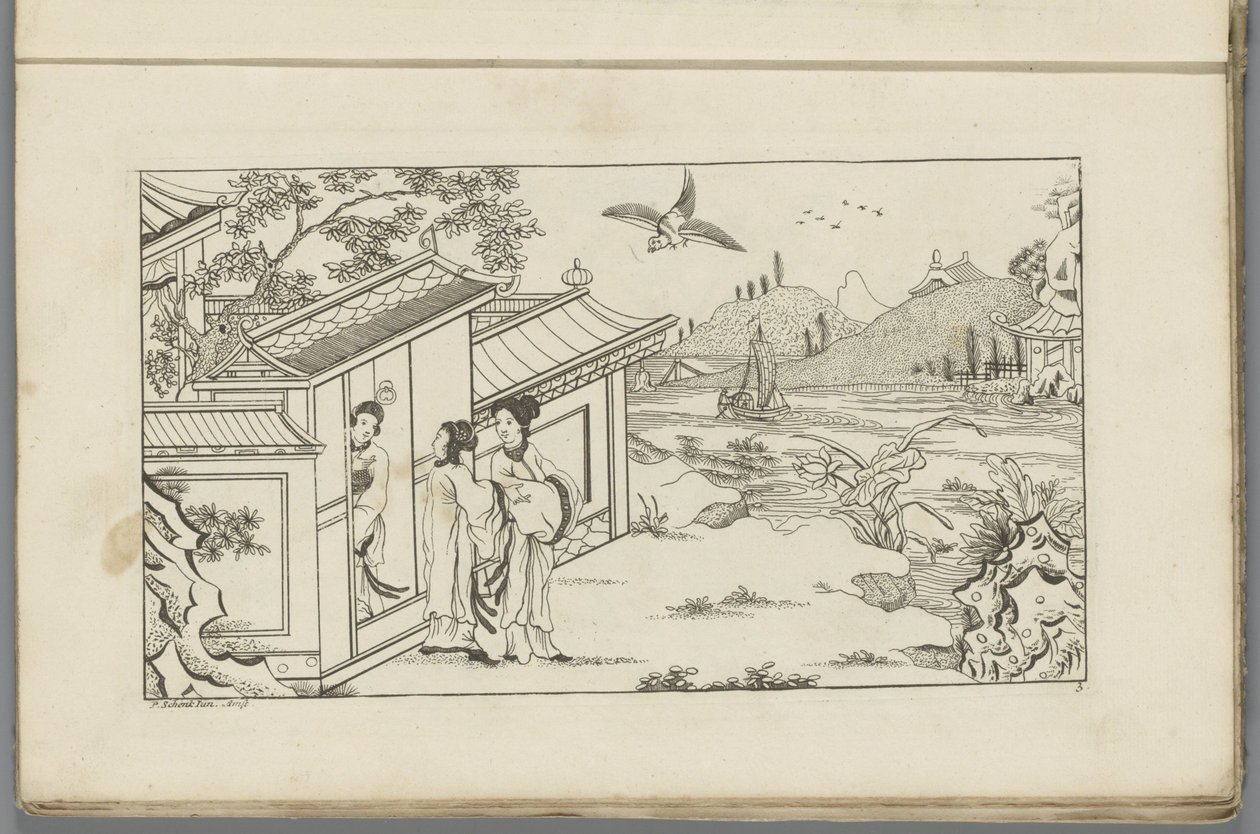 Paesaggio con tre donne cinesi alla porta di una casa da Pieter Schenk (II)