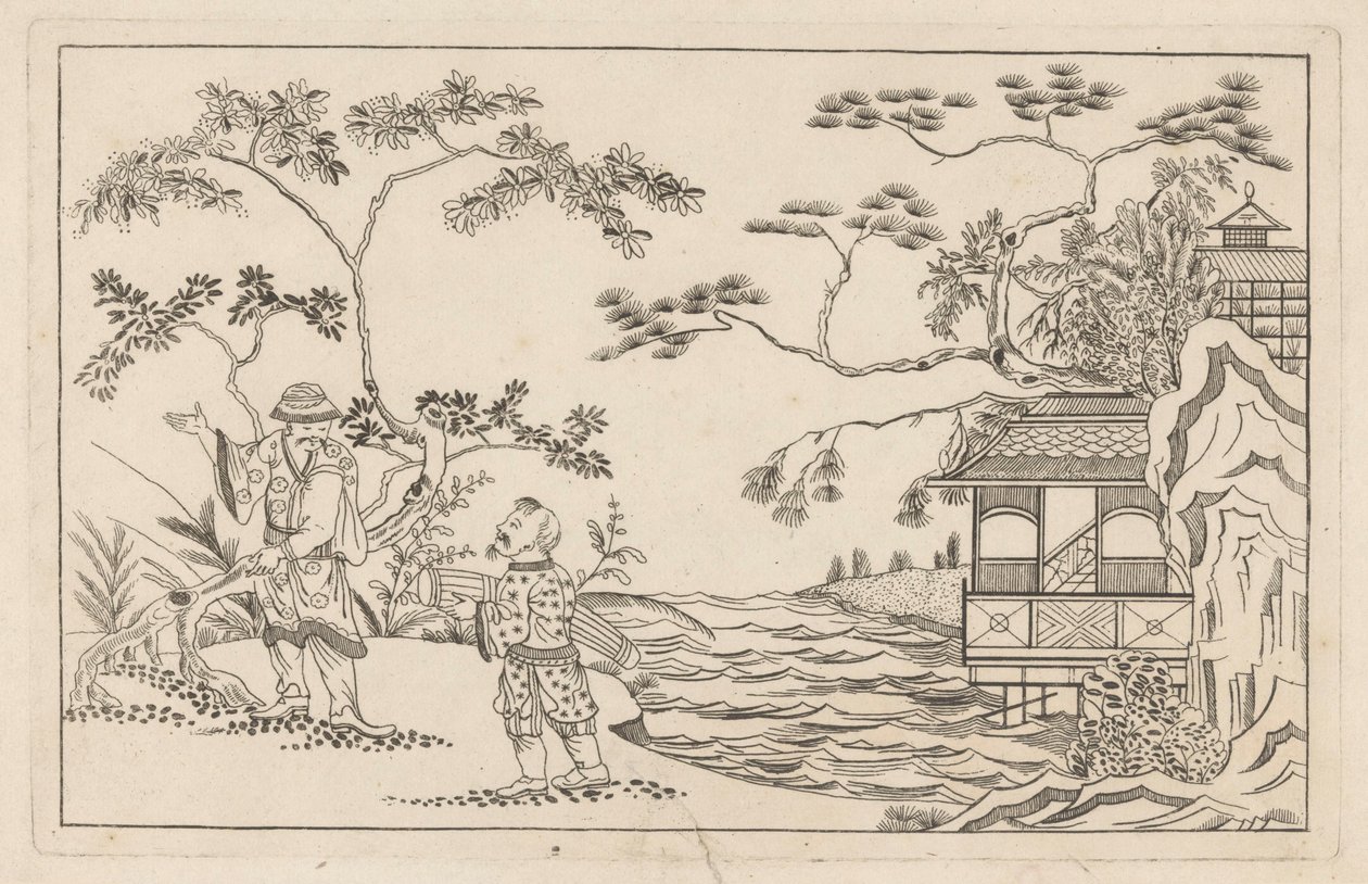 Due uomini cinesi in un paesaggio (serie: Nuovi disegni cinesi, con grande sforzo disegnati e pubblicati da P. Schenk Jun, primo volume) da Pieter Schenk (II)