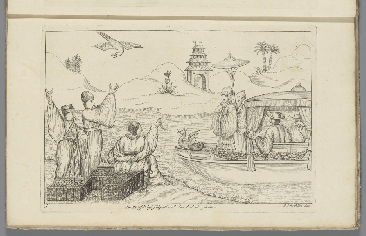 Gita in barca dopo un matrimonio cinese (Der Sineser lust Schiffarth nach dem hochzeit gehalten, Chinese gebruiken) da Pieter Schenk (II)
