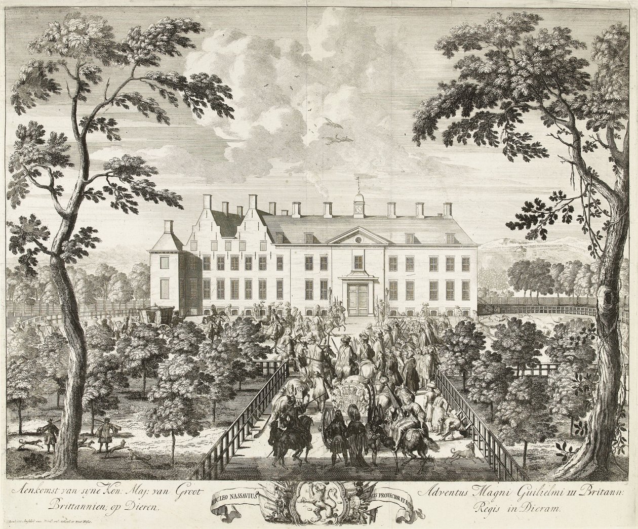 Arrivo di Guglielmo III al lodge di caccia, Hof te Dieren, 1691 da Pieter Schenk