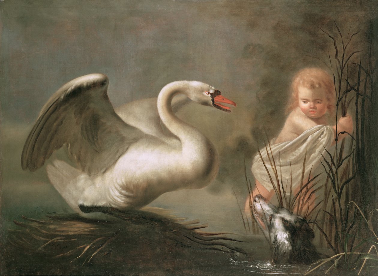Un cigno che protegge il suo nido da un bambino e uno spaniel da Pieter Snyers