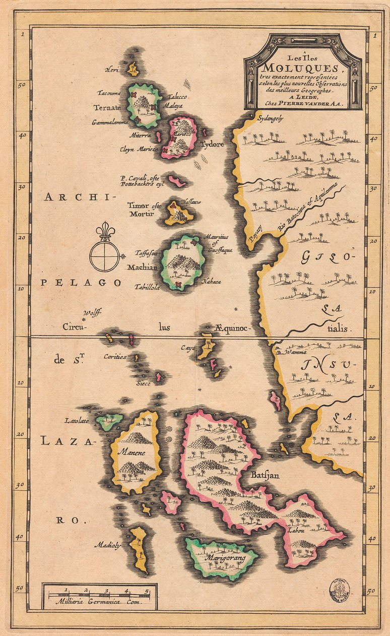 Mappa delle Isole Molucche (Indonesia moderna) da Pieter Van der Aa