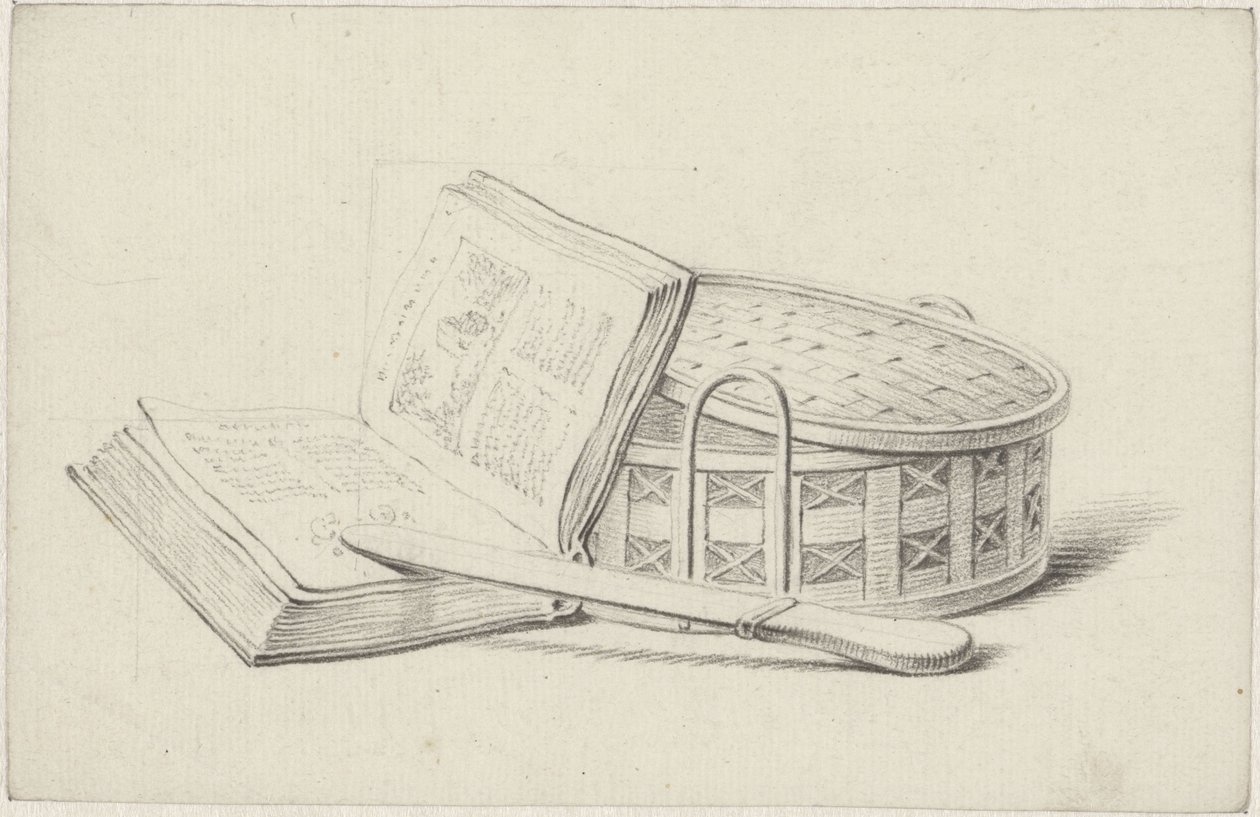 Natura morta con libro, tagliacarte e cestino da Pieter de Goeje
