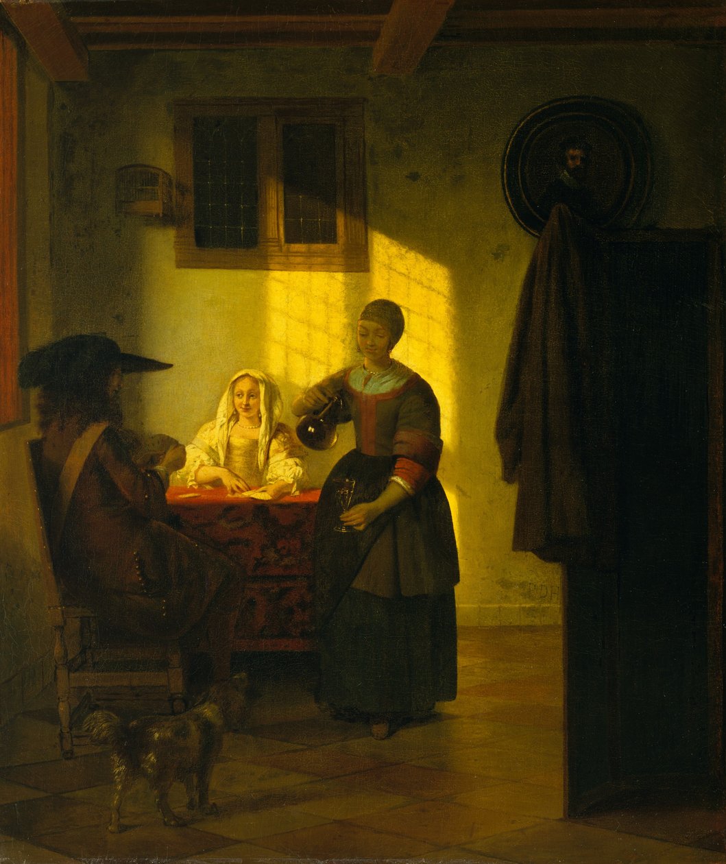 Una coppia che gioca a carte, con una serva da Pieter de Hooch