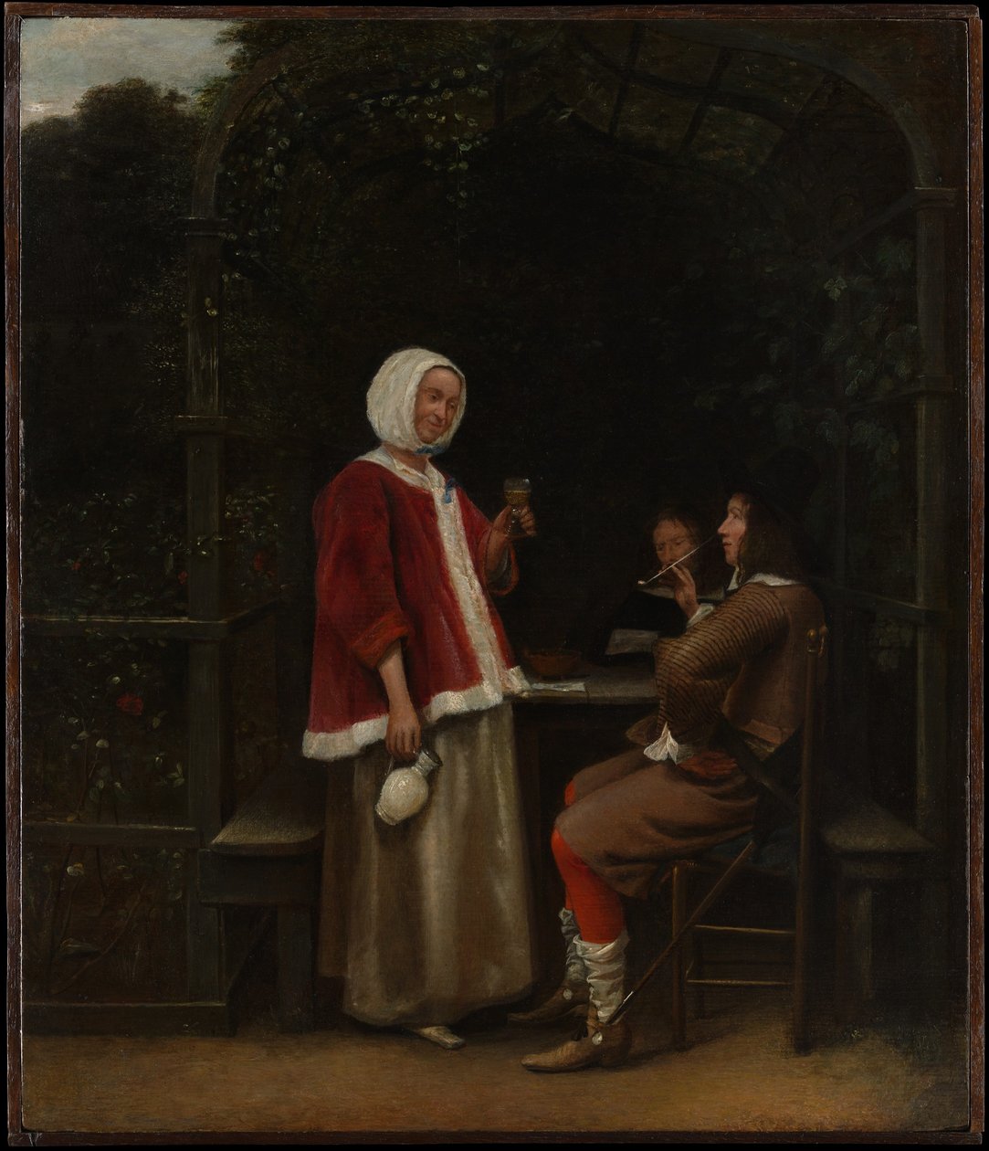 Una donna e due uomini in un pergolato da Pieter de Hooch