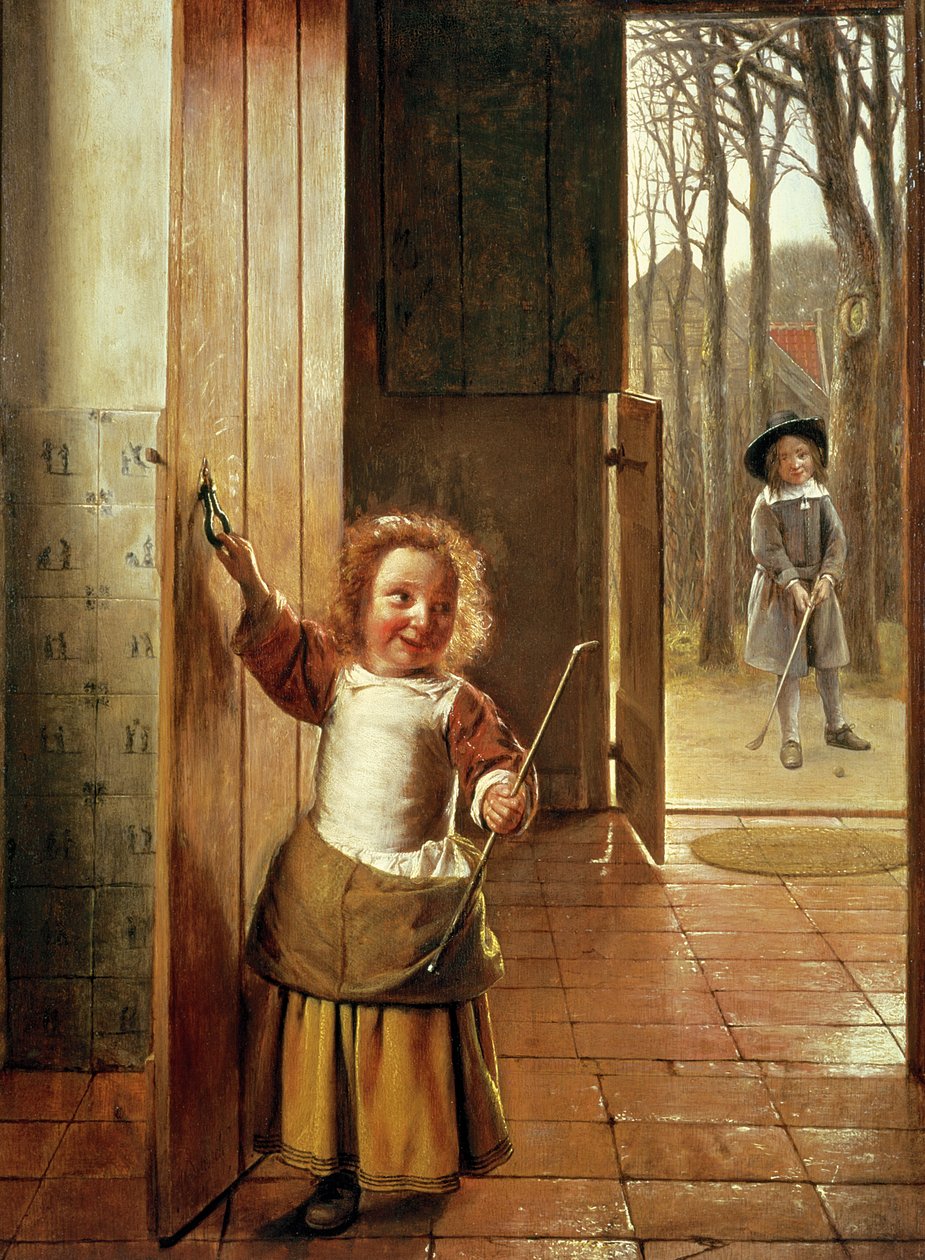 Bambini in una porta con bastoni da 