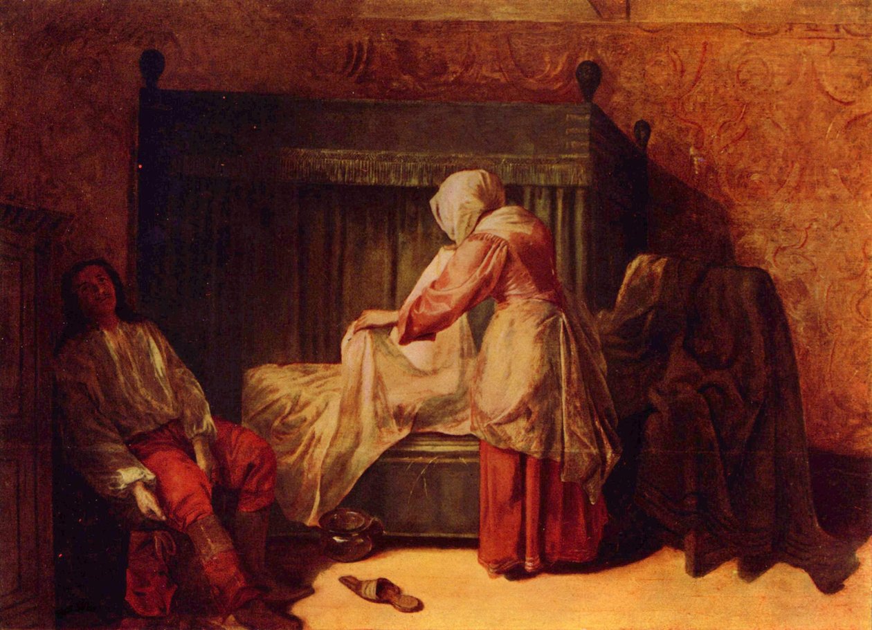 Un soldato che si infila uno stivale e una donna che si rifà il letto da Pieter de Hooch