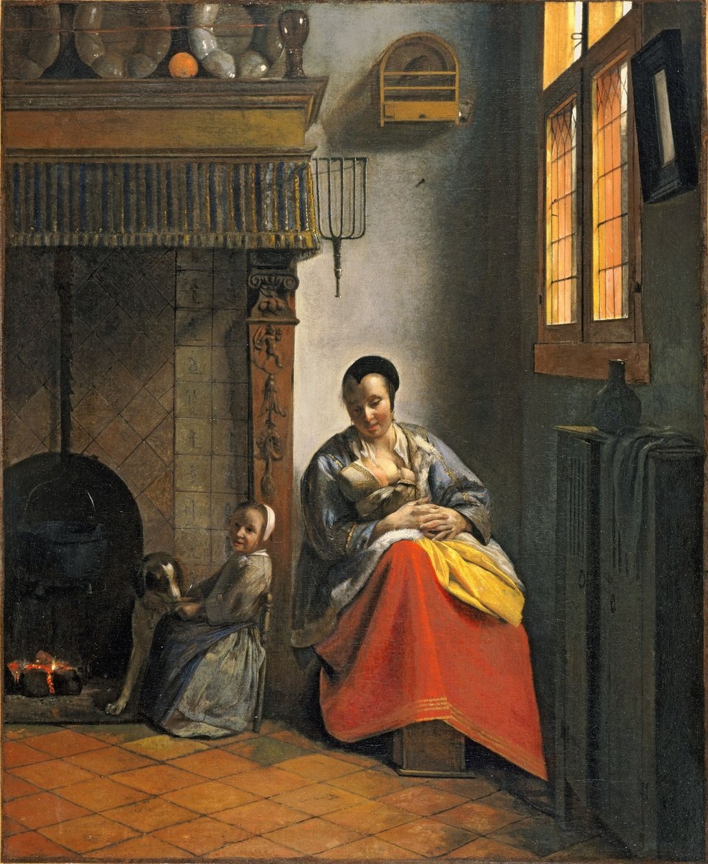 Donna che allatta un neonato, con un bambino e un cane da Pieter de Hooch