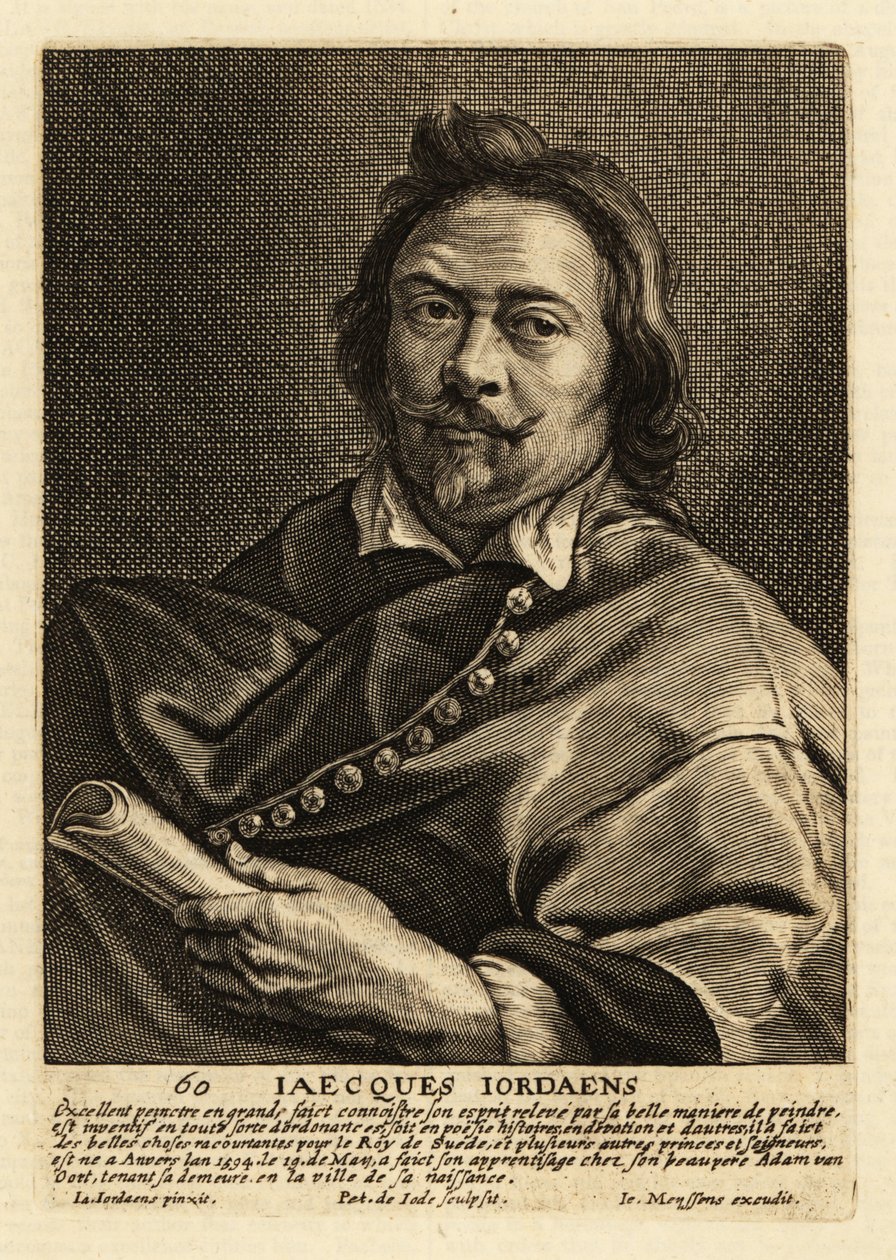 Ritratto di Jacques Jordaens, pittore, disegnatore e designer di arazzi fiammingo noto per i suoi dipinti storici, scene di genere e ritratti da Pieter de II Jode