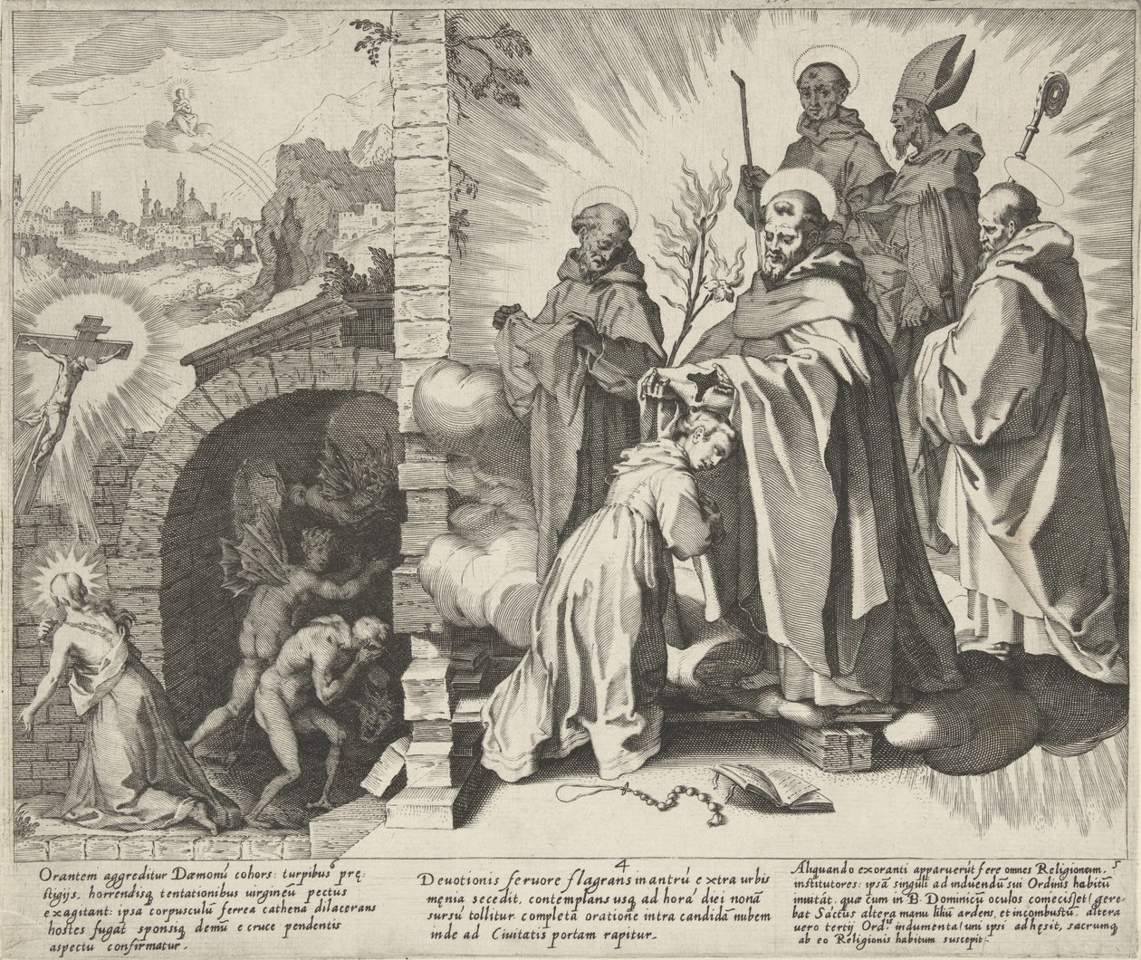 Caterina in preghiera / Visione di Caterina / Caterina diventa domenicana (serie: Scene della vita e dei miracoli di Santa Caterina da Siena) da Pieter de Jode (I)