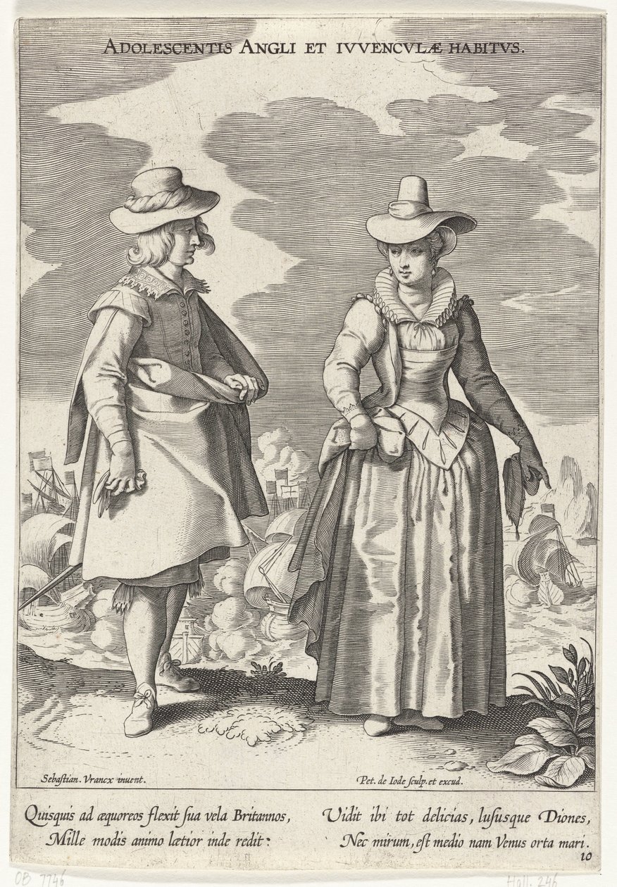 Coppia vestita secondo la moda inglese, ca. 1610 (Adolescentis Angli et Ivvenclvae Habitvs) (Costumi di diversi paesi) (Variarum Gentium Ornatus) da Pieter de Jode (I)